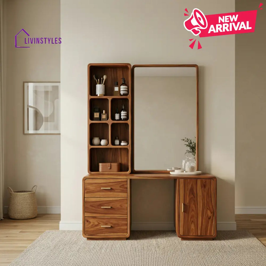Chloe Sheesham Wood Dressing Table with Mirror and Storage (Honey Finish)