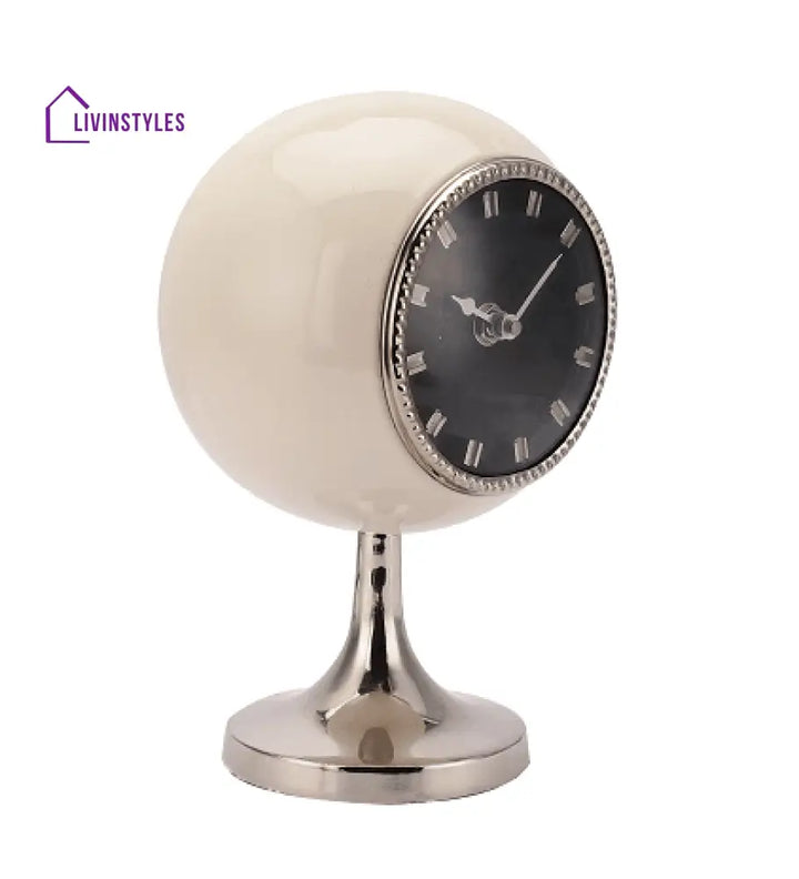 Circular Globe Clock With Fawn White Enamle & Nickle