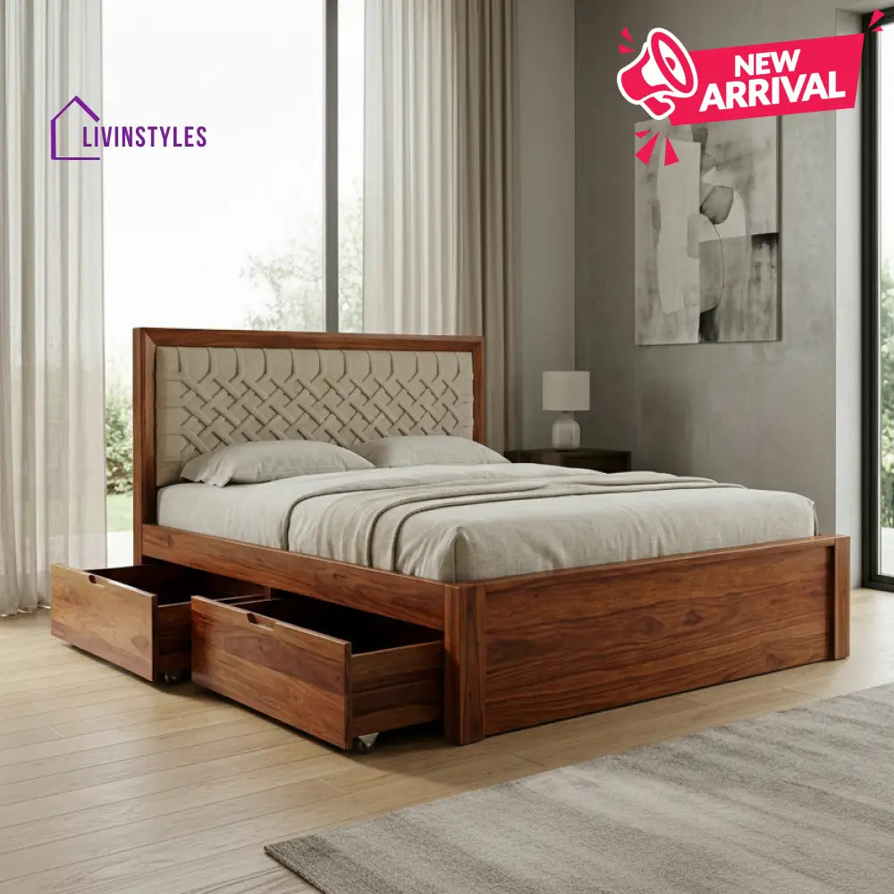 Clara Premium Sheesham Wood Bed with Fabric Headboard