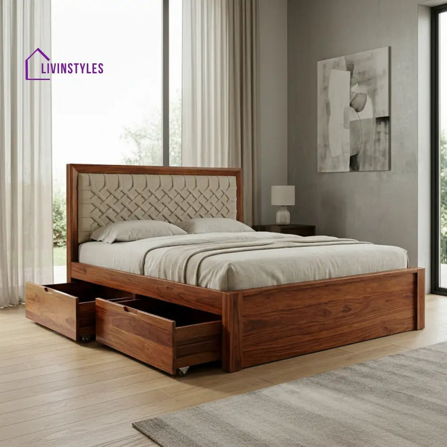 Clara Premium Sheesham Wood Bed with Fabric Headboard
