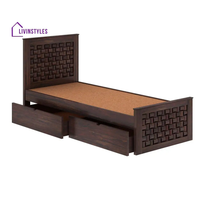 Clarisa Solid Sheesham Wood Single Bed With Two Drawers (Walnut Finish) Bed