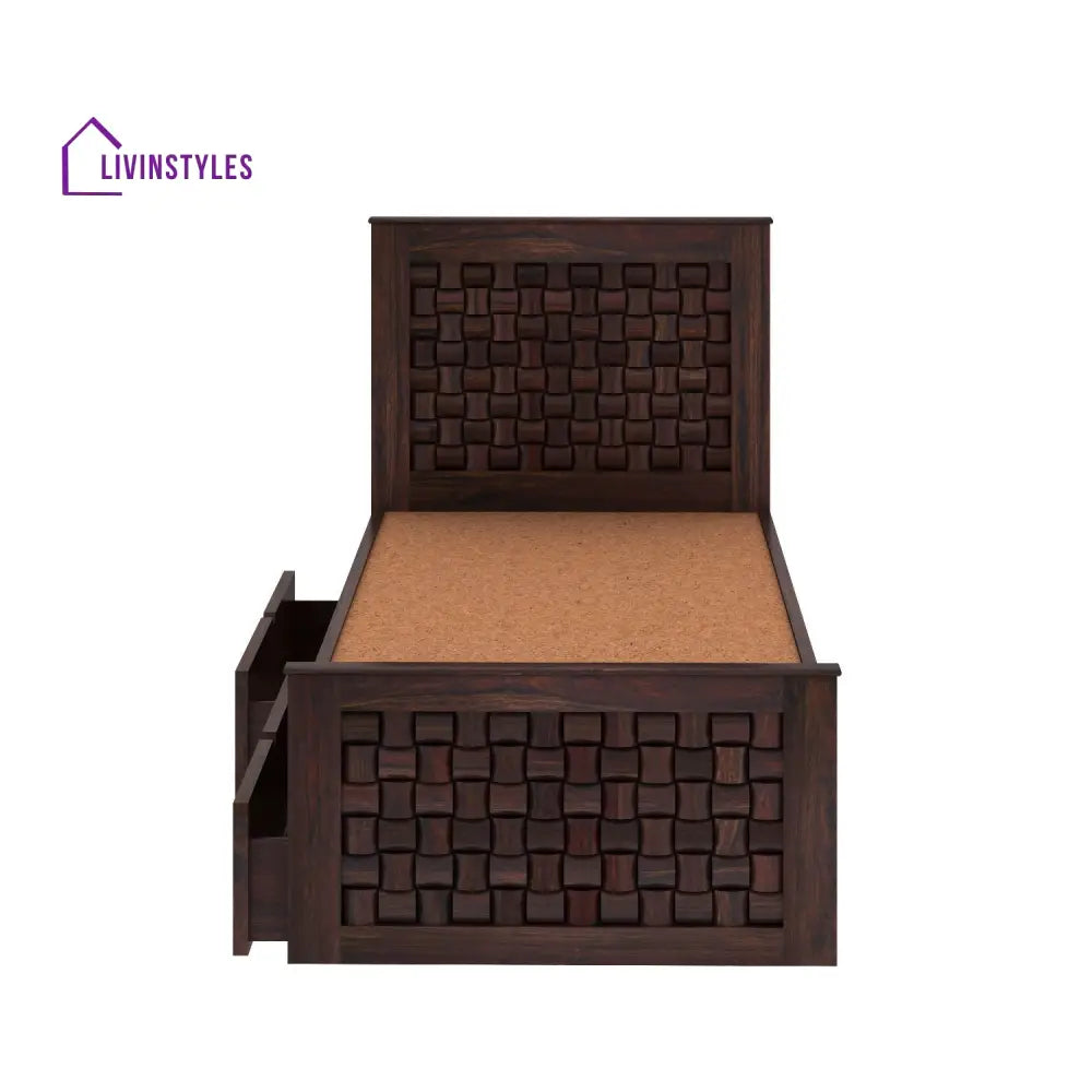 Clarisa Solid Sheesham Wood Single Bed With Two Drawers (Walnut Finish) Bed