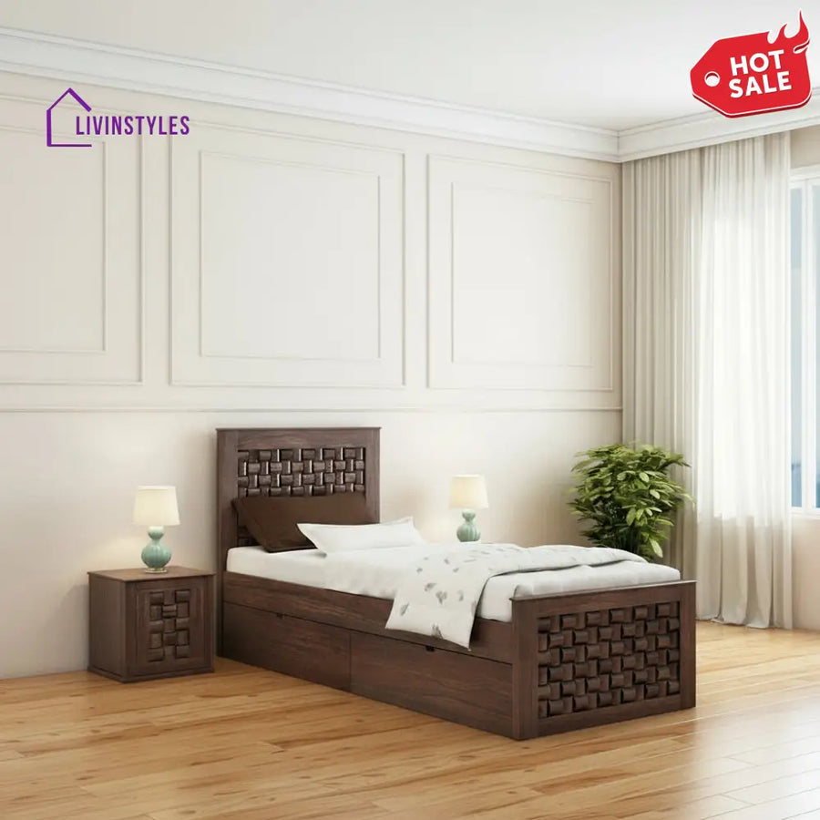 Clarisa Solid Sheesham Wood Single Bed With Two Drawers (Walnut Finish) Bed