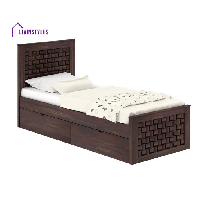 Clarisa Solid Sheesham Wood Single Bed With Two Drawers (Walnut Finish) Bed