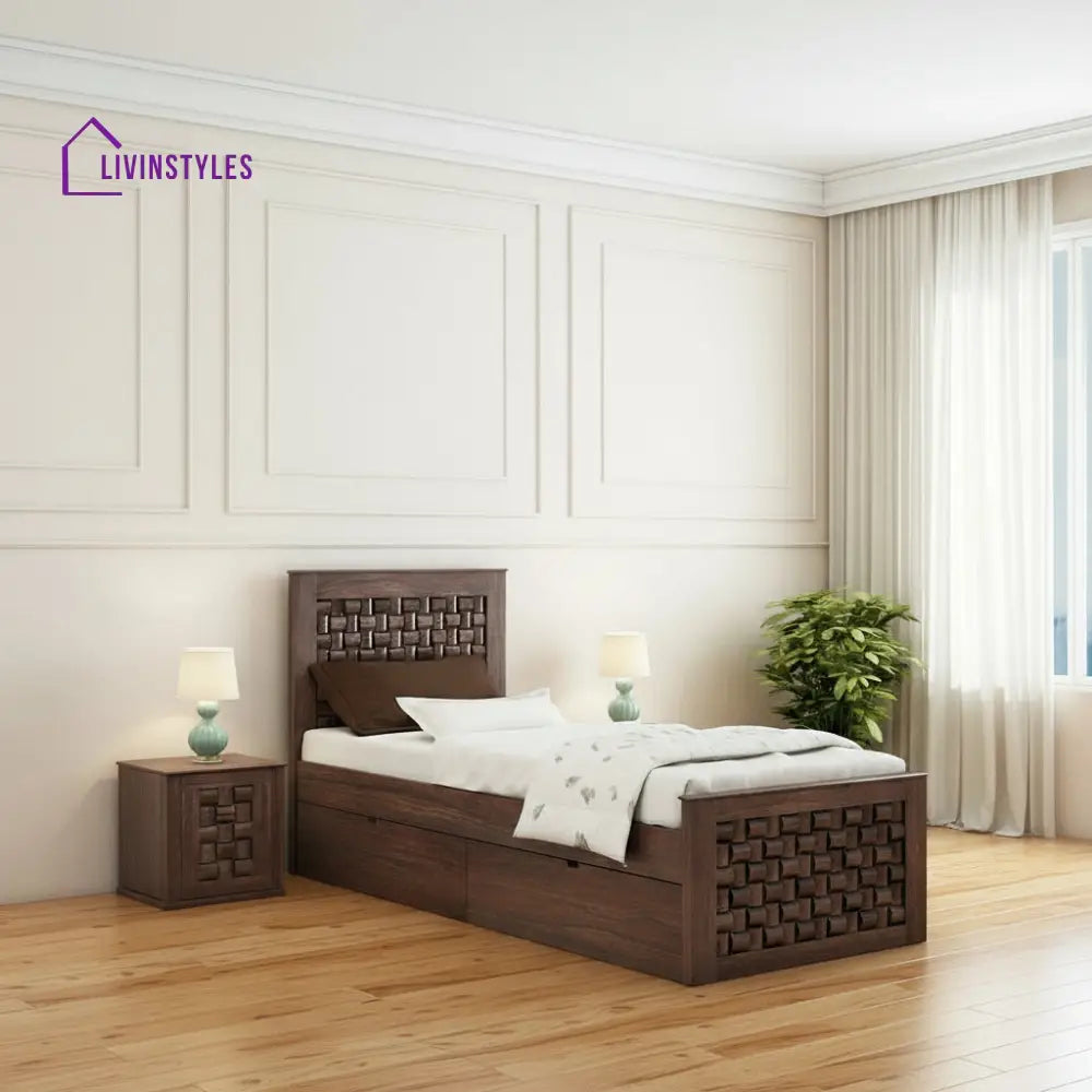 Clarisa Solid Sheesham Wood Single Bed With Two Drawers (Walnut Finish) Bed