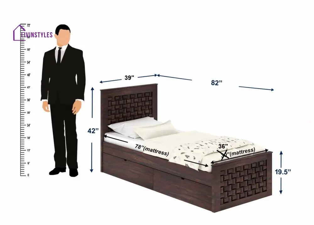 Clarisa Solid Sheesham Wood Single Bed With Two Drawers (Walnut Finish) Bed