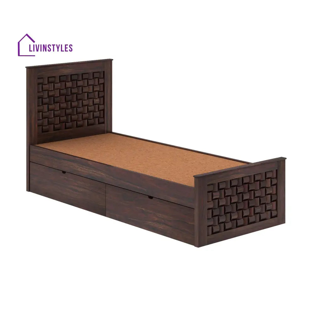Clarisa Solid Sheesham Wood Single Bed With Two Drawers (Walnut Finish) Bed