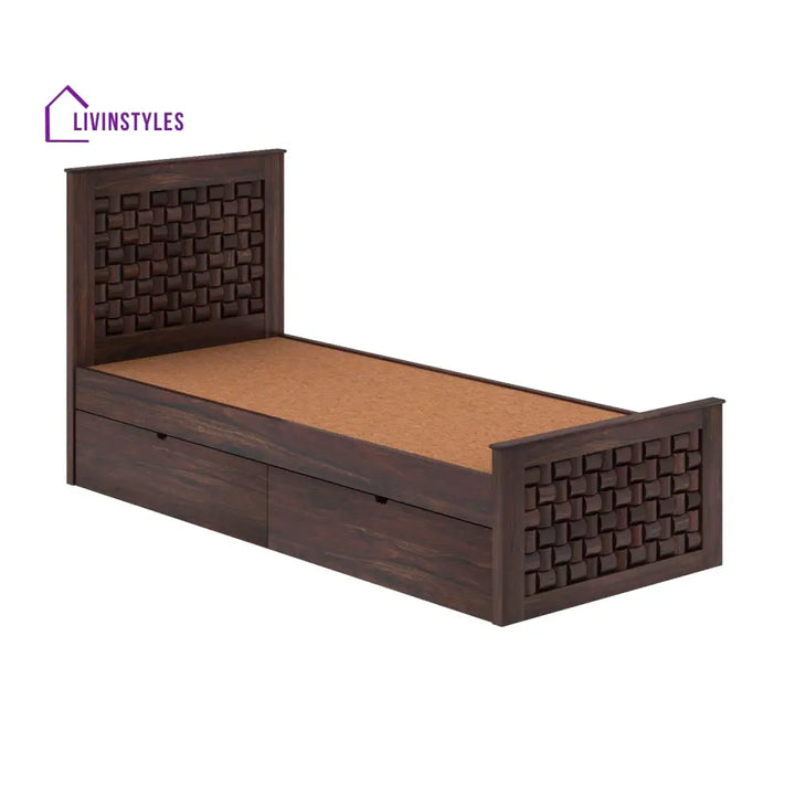 Clarisa Solid Sheesham Wood Single Bed With Two Drawers (Walnut Finish) Bed