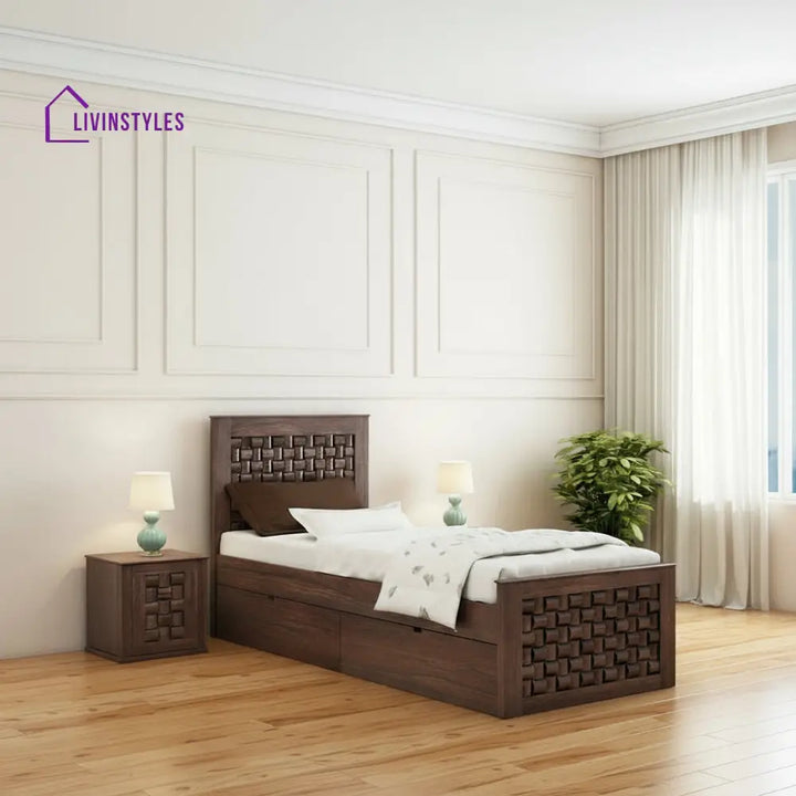 Clarisa Solid Sheesham Wood Single Bed With Two Drawers (Walnut Finish) Bed