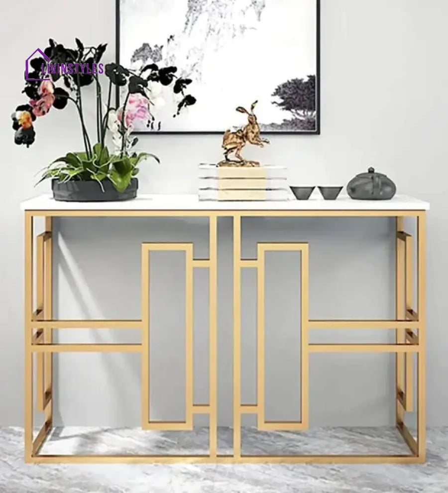 Classic Console Table with White Marble in Golden Metal Finish Table