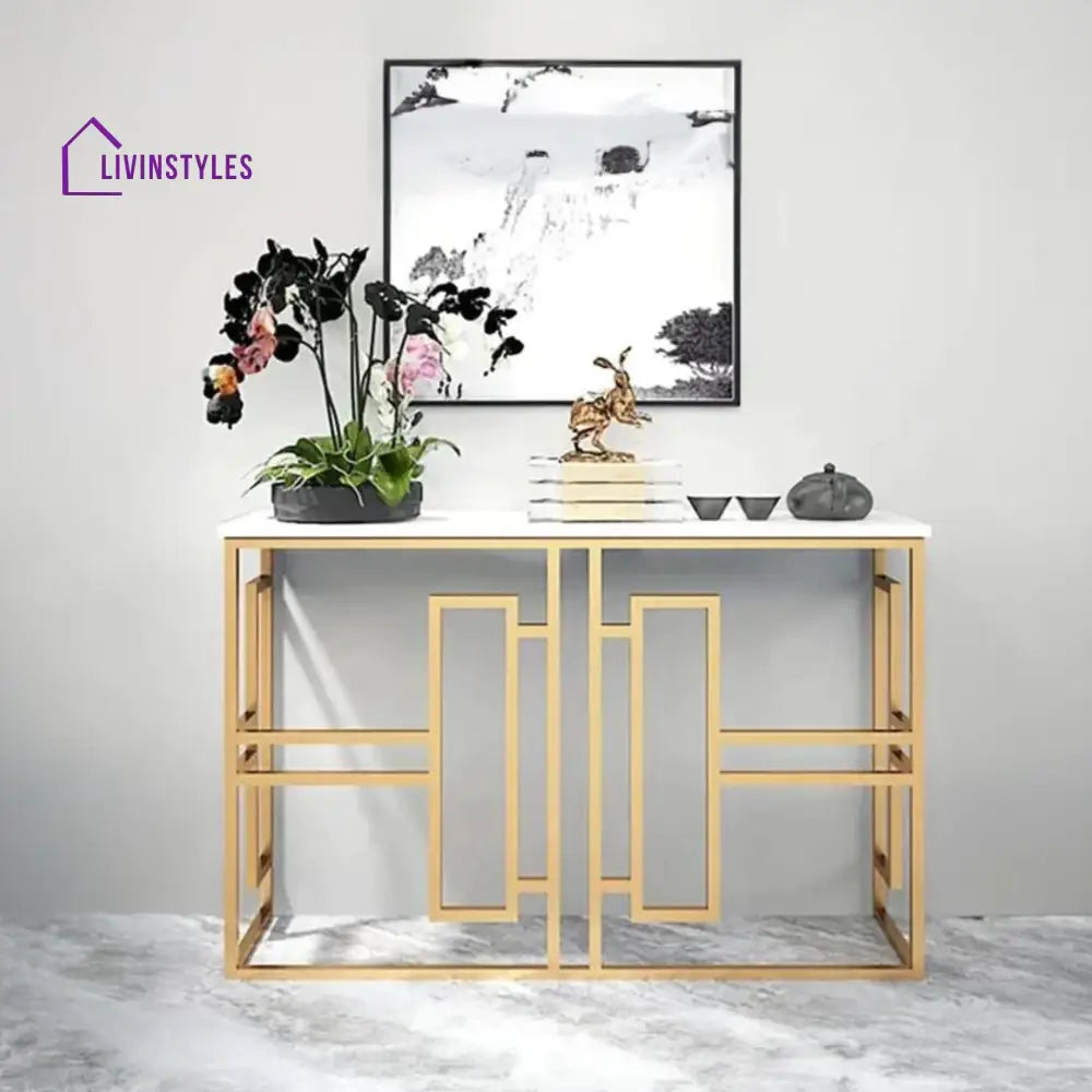 Classic Console Table with White Marble in Golden Metal Finish Table