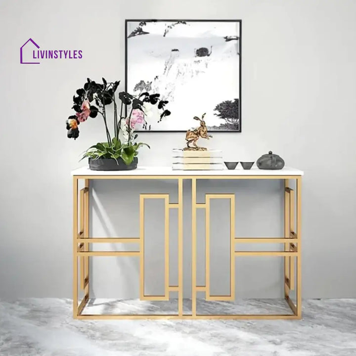 Classic Console Table with White Marble in Golden Metal Finish Table