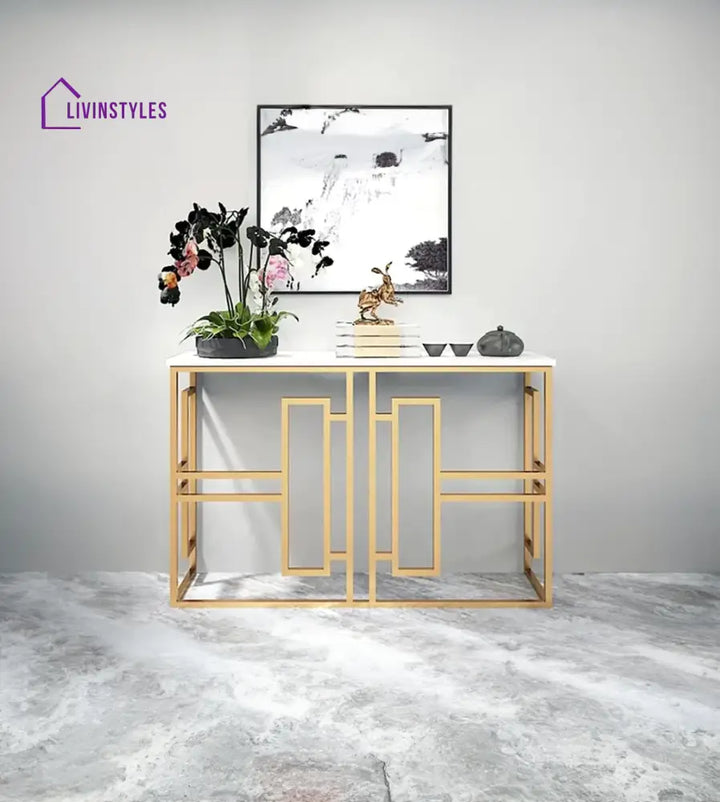 Classic Console Table with White Marble in Golden Metal Finish Table