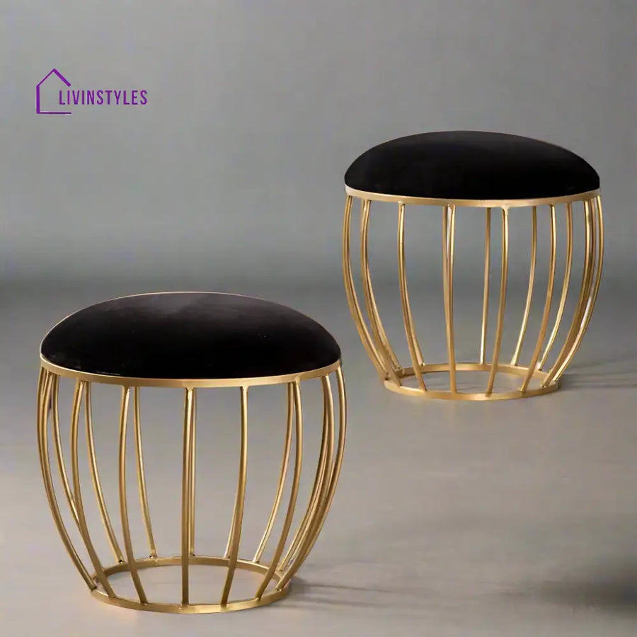 Classic Velvet Cage Metallic Stool In Black Color Set Of 2 Furniture
