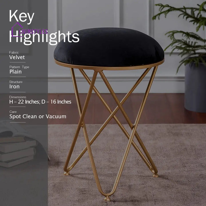 Classic Velvet Cross Metallic Stool In Black Color Set Of 2 Furniture
