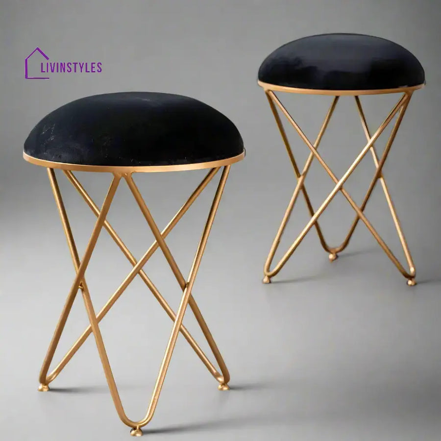 Classic Velvet Cross Metallic Stool In Black Color Set Of 2 Furniture