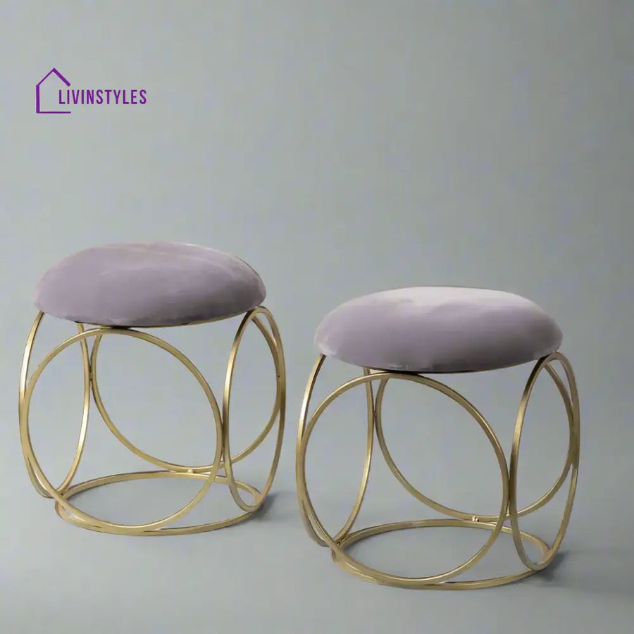 Classic Velvet Ring Metallic Stool In Grey Color Set Of 2 Furniture