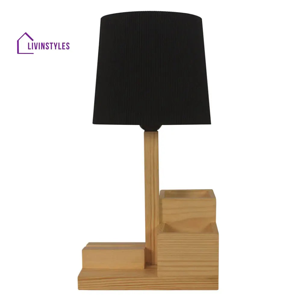 Classic Wooden Table Lamp With Black Fabric Lampshade And Desk Organiser Lamps