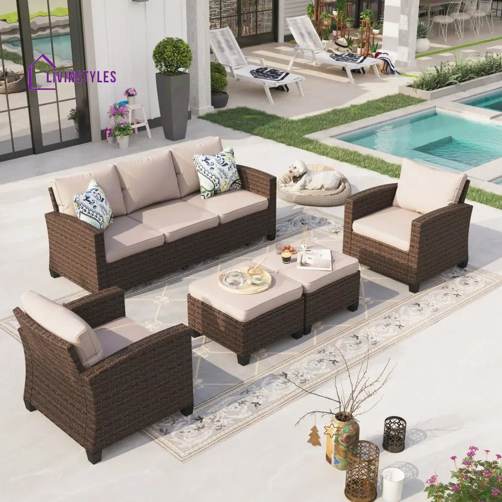 Clemency 5 Pieces Wicker Patio Furniture Set 7-Seat Outdoor Sofa Beige