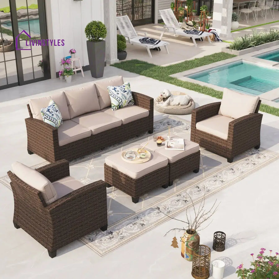 Clemency 5 Pieces Wicker Patio Furniture Set 7-Seat Outdoor Sofa Beige