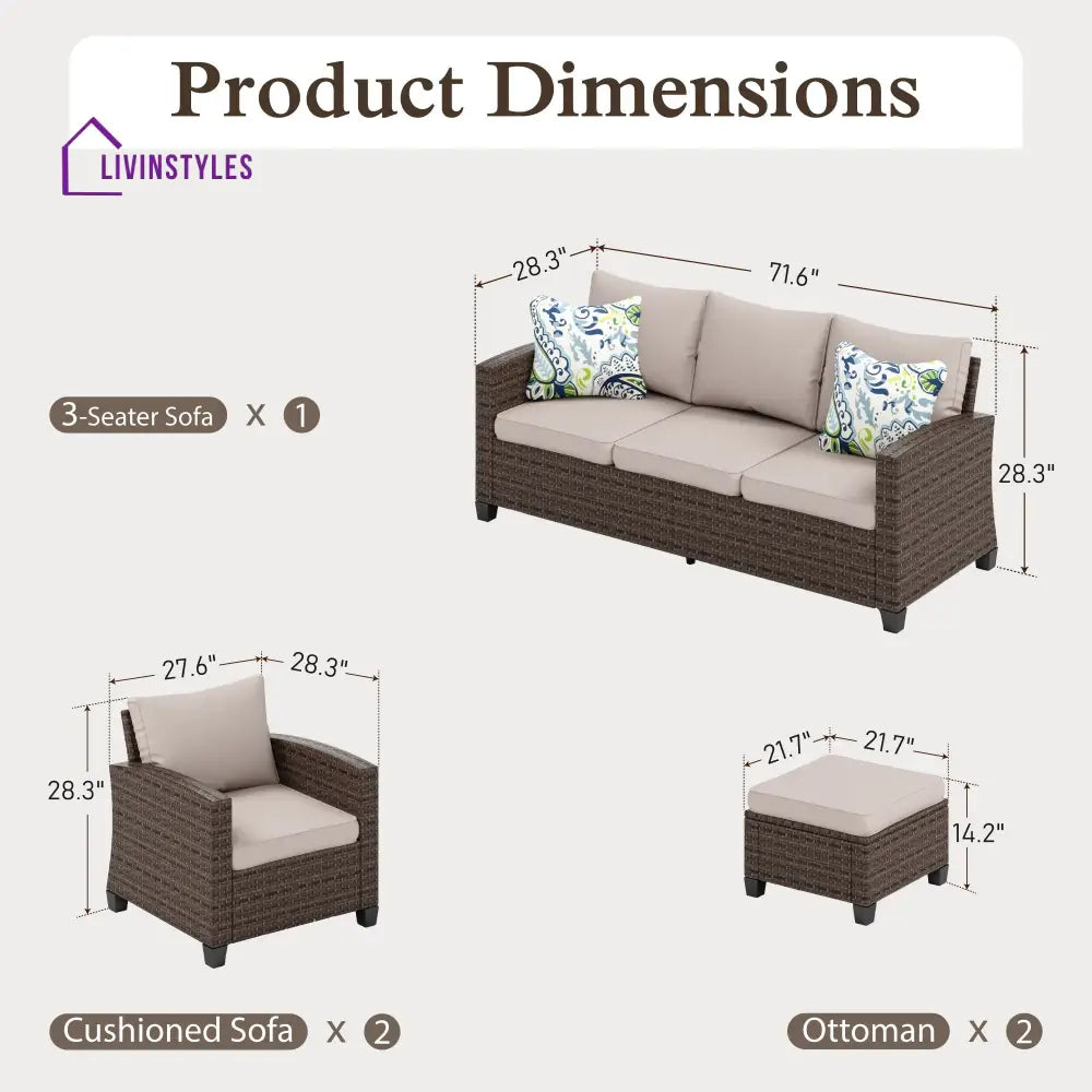Clemency 5 Pieces Wicker Patio Furniture Set 7-Seat Outdoor Sofa Beige