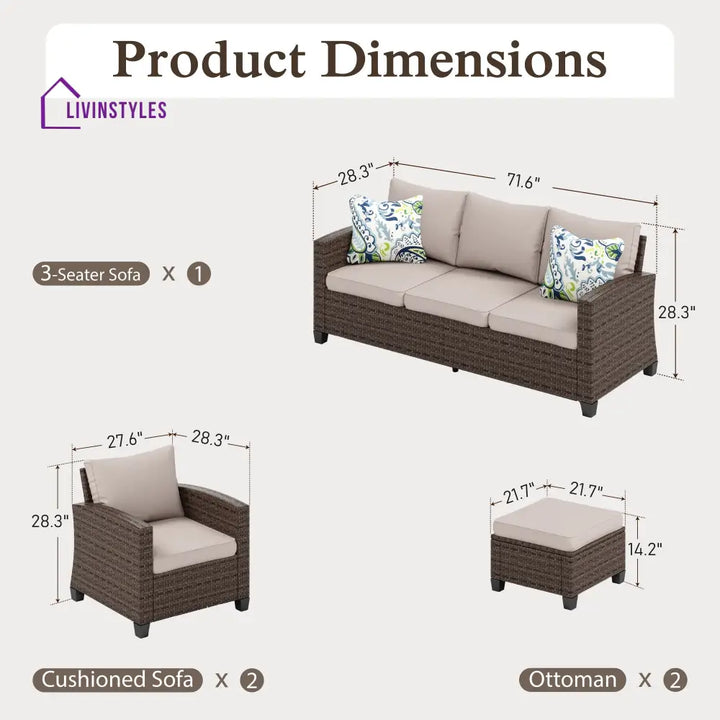 Clemency 5 Pieces Wicker Patio Furniture Set 7-Seat Outdoor Sofa Beige