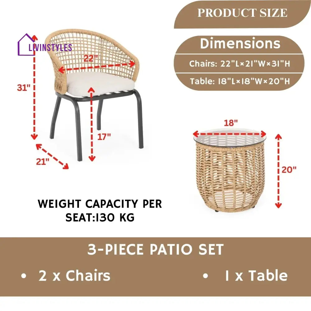 Clementine 3 Piece Garden Outdoor Rope Patio Set - Patio Set