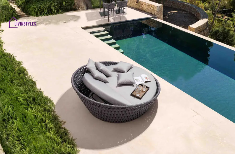 Cleri Outdoor Poolside Sunbed With Cushion Daybed (Dark Grey) Braided & Rope - Sunbed