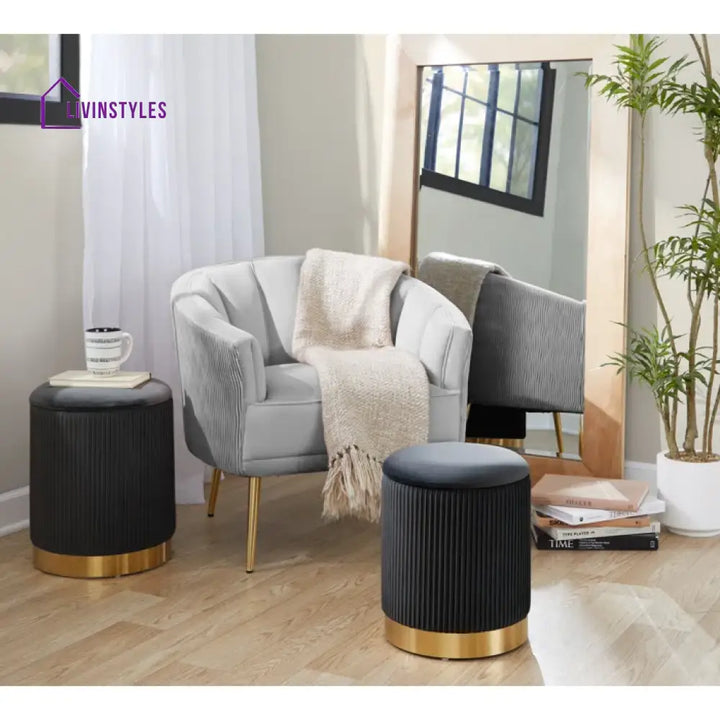 Clover Black Velvet Round Storage Ottoman with Storage Set of 2 Chairs