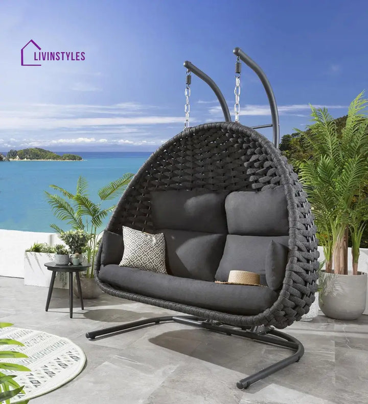 Cloyd Double Seater Hanging Swing With Stand For Balcony Garden Swing (Grey) Braid & Rope - Swings