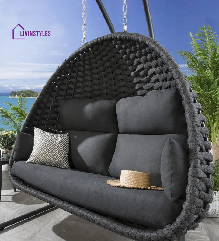 Cloyd Double Seater Hanging Swing With Stand For Balcony Garden Swing (Grey) Braid & Rope - Swings