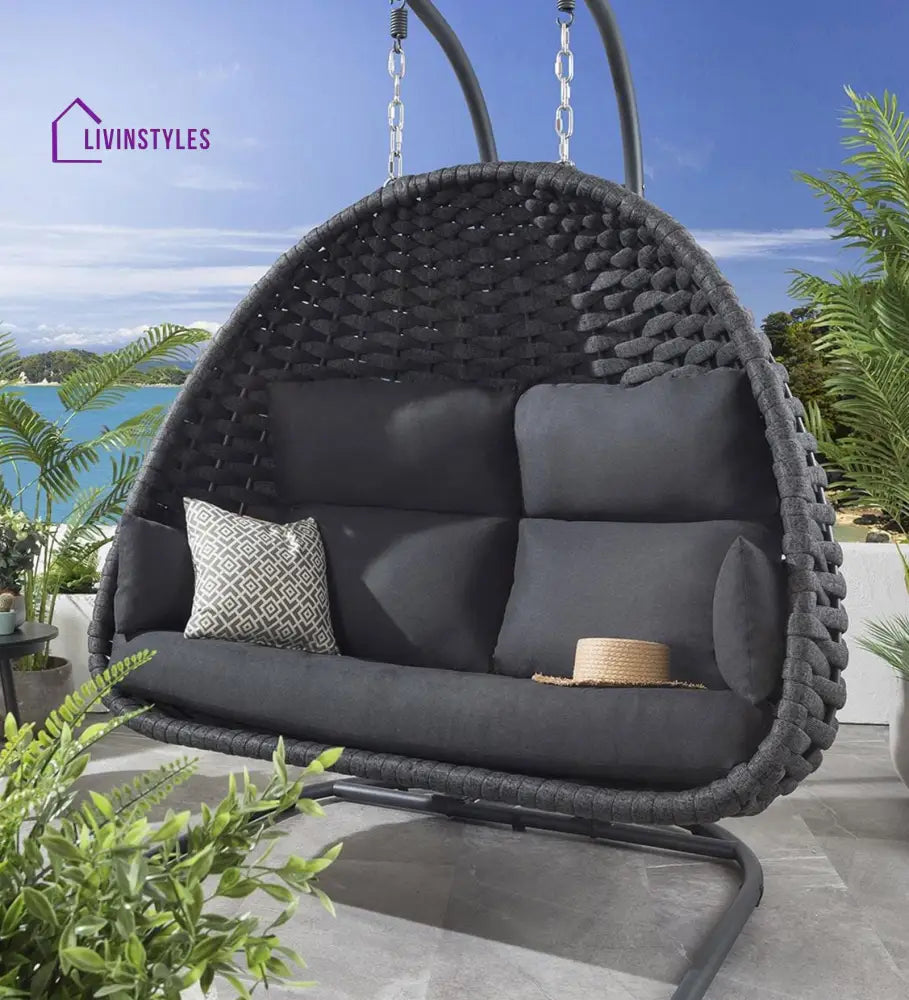 Cloyd Double Seater Hanging Swing With Stand For Balcony Garden Swing (Grey) Braid & Rope - Swings