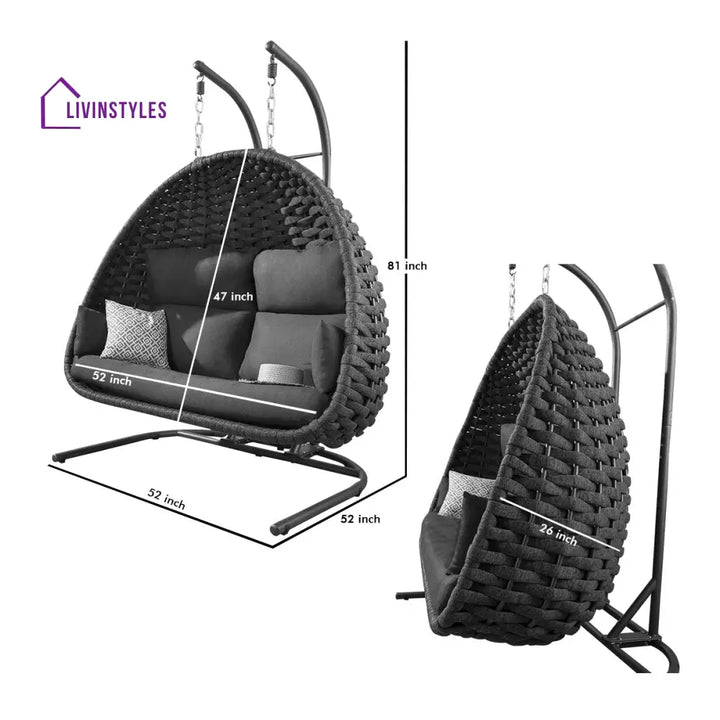 Cloyd Double Seater Hanging Swing With Stand For Balcony Garden Swing (Grey) Braid & Rope - Swings