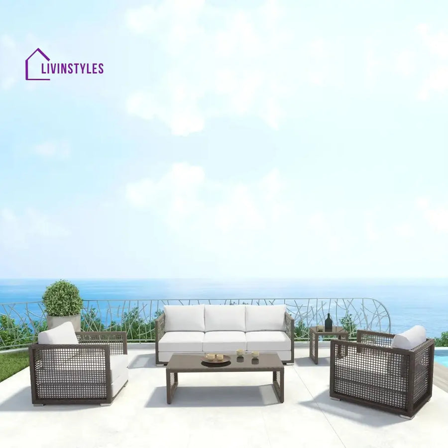 Coco Outdoor Sofa Set 3 Seater 2 Single seater and 1 Center Table (White+ Brown) - Sofa Sets