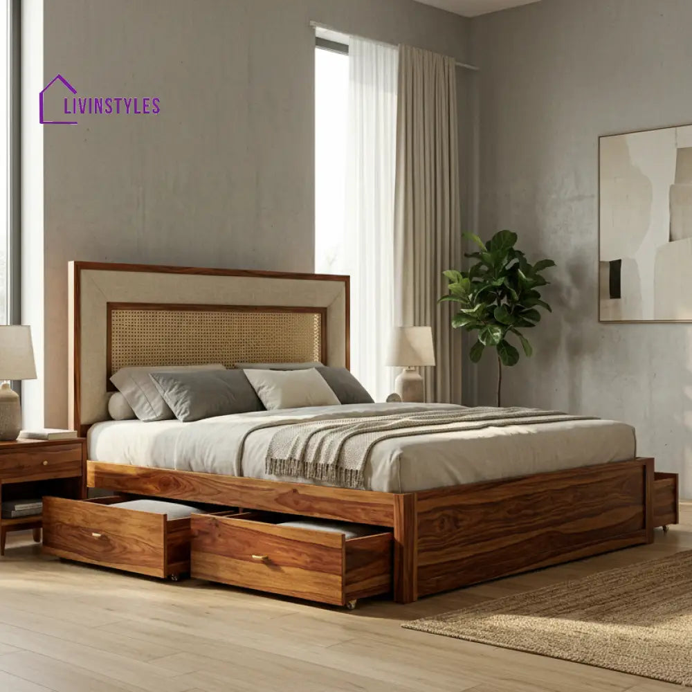 Cody Premium Sheesham Wood Bed with Cane and Fabric Headboard