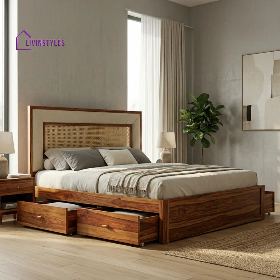 Cody Premium Sheesham Wood Bed with Cane and Fabric Headboard