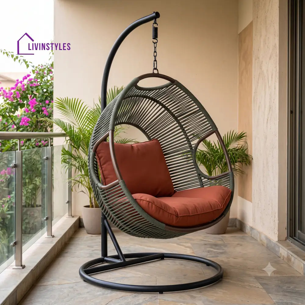 Colombe Metal Frame Swing Chair with Stand | Rope Weaving & Premium Fabric Seating
