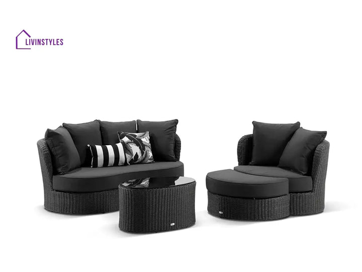 Comox Outdoor Garden Balcony Sofa Set 2 Seater Single seater and 1 Center Table with Ottoman Set (Black) - Sofa Sets