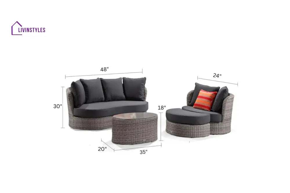 Comox Outdoor Garden Balcony Sofa Set 2 Seater Single seater and 1 Center Table with Ottoman Set (Black) - Sofa Sets