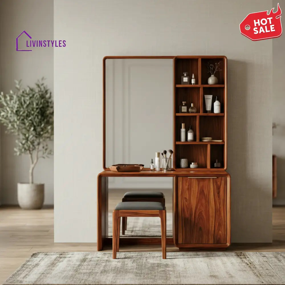 Connor Sheesham Wood Dressing Table with Mirror and Storage (Honey Finish)