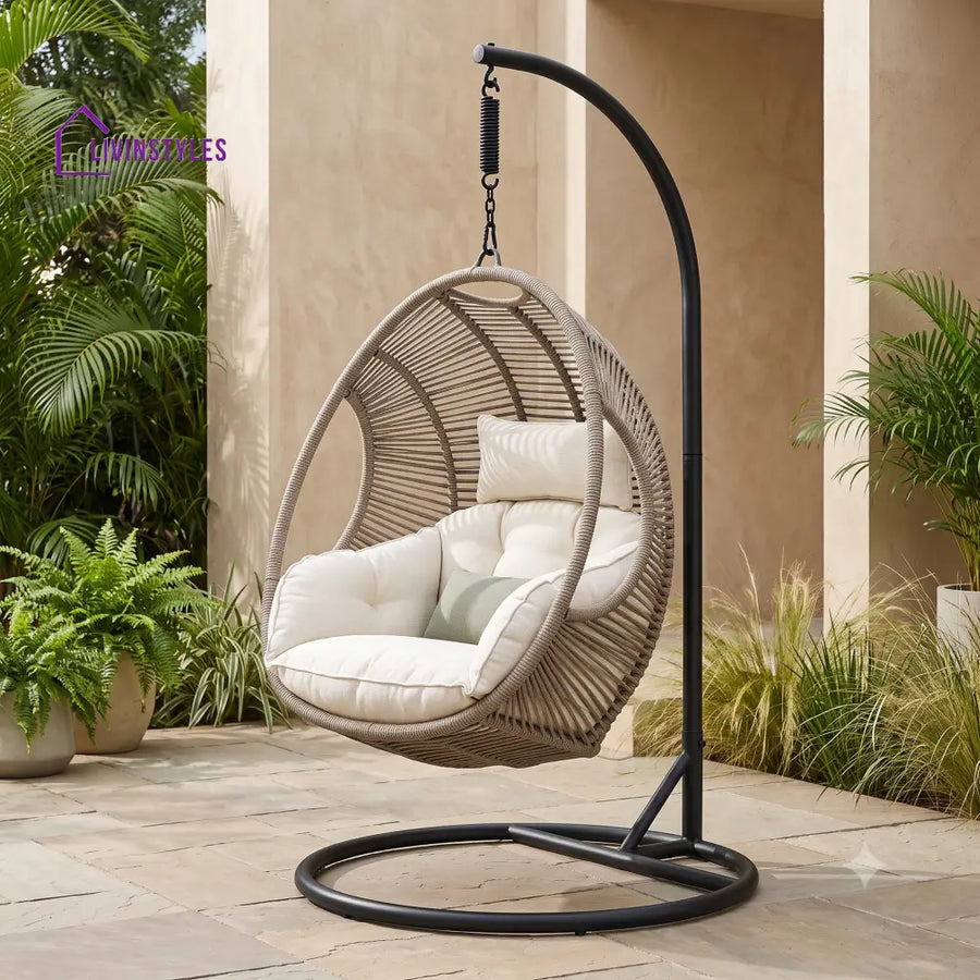 Constance Metal Frame Swing Chair with Stand | Rope Weaving & Premium Fabric Seating