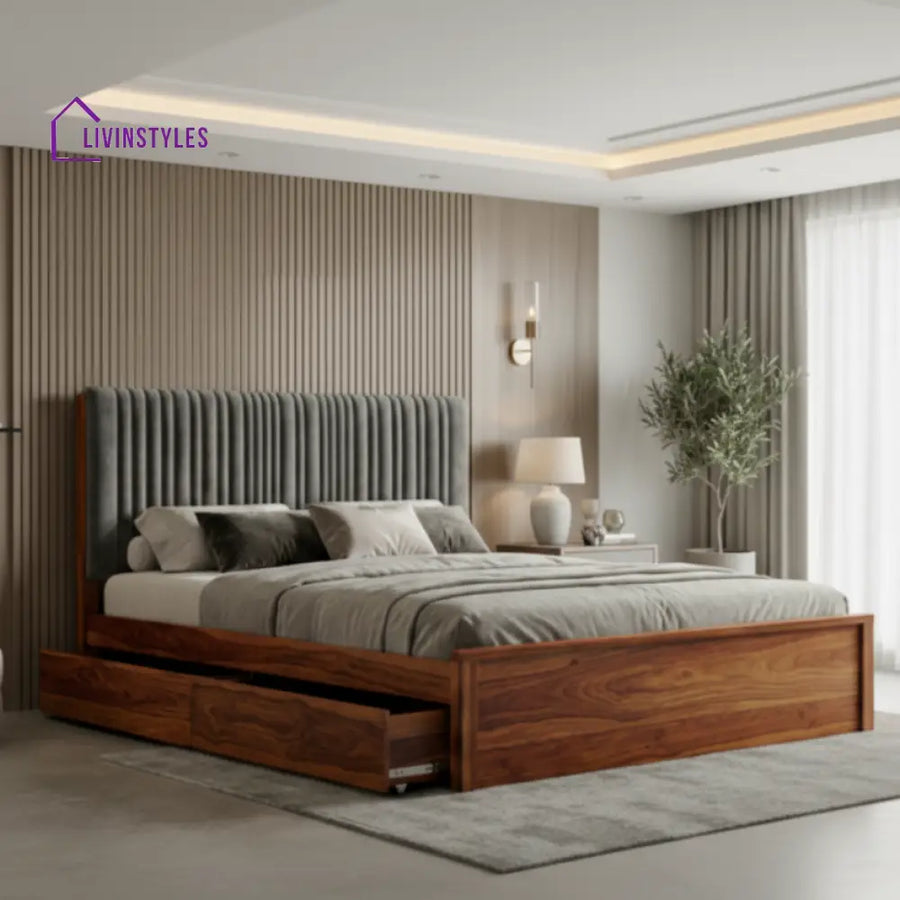 Cooper Premium Sheesham Wood Bed with Fabric Headboard