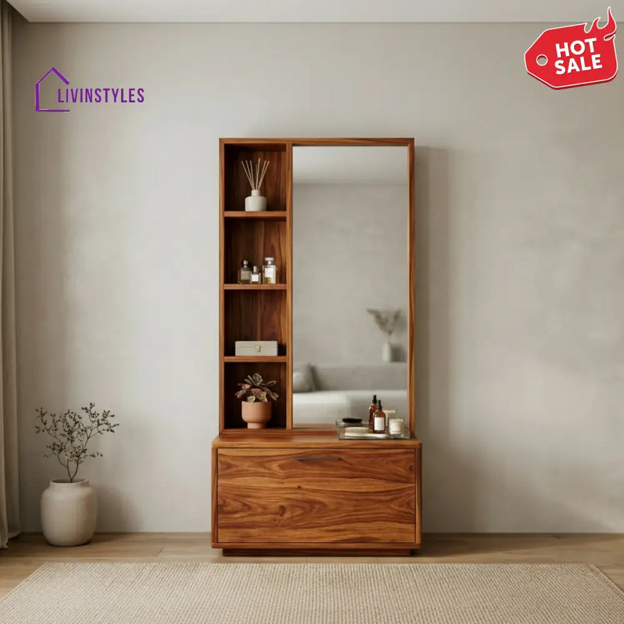 Cooper Sheesham Wood Dressing Table with Mirror and Storage (Honey Finish)
