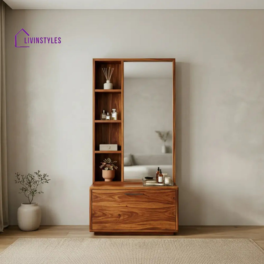 Cooper Sheesham Wood Dressing Table with Mirror and Storage (Honey Finish)