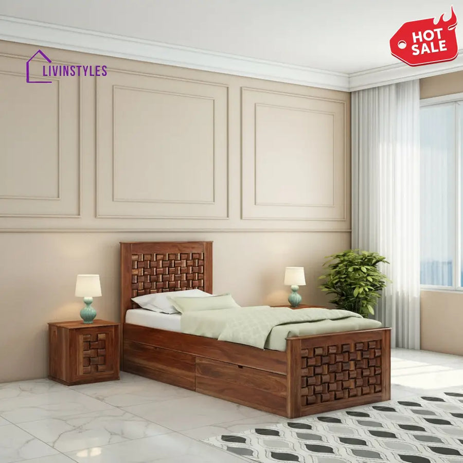 Coral Solid Sheesham Wood Single Bed With Two Drawers (Natural Finish) Bed