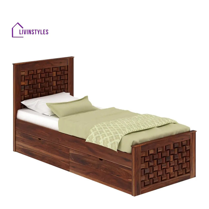 Coral Solid Sheesham Wood Single Bed With Two Drawers (Natural Finish) Bed