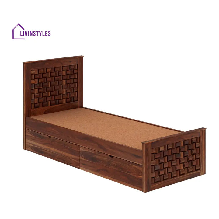 Coral Solid Sheesham Wood Single Bed With Two Drawers (Natural Finish) Bed