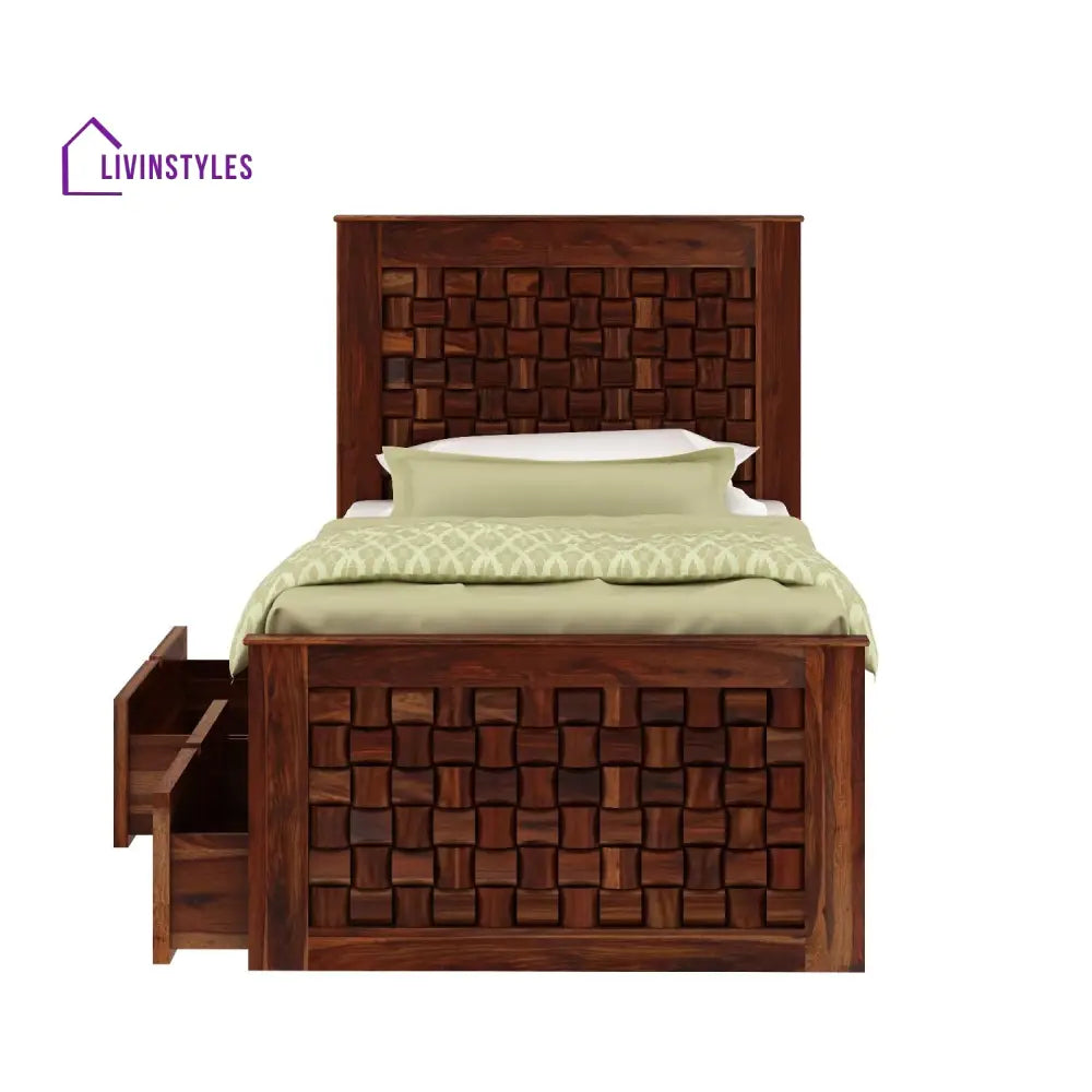 Coral Solid Sheesham Wood Single Bed With Two Drawers (Natural Finish) Bed