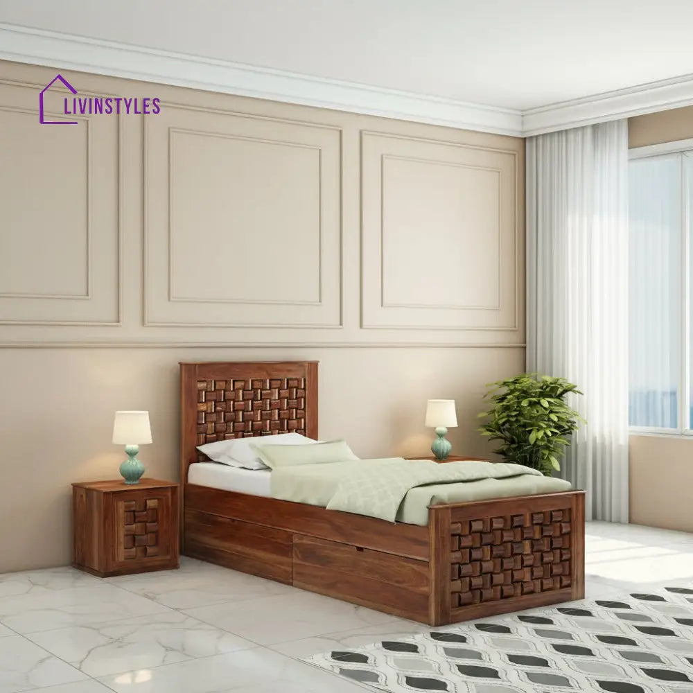 Coral Solid Sheesham Wood Single Bed With Two Drawers (Natural Finish) Bed