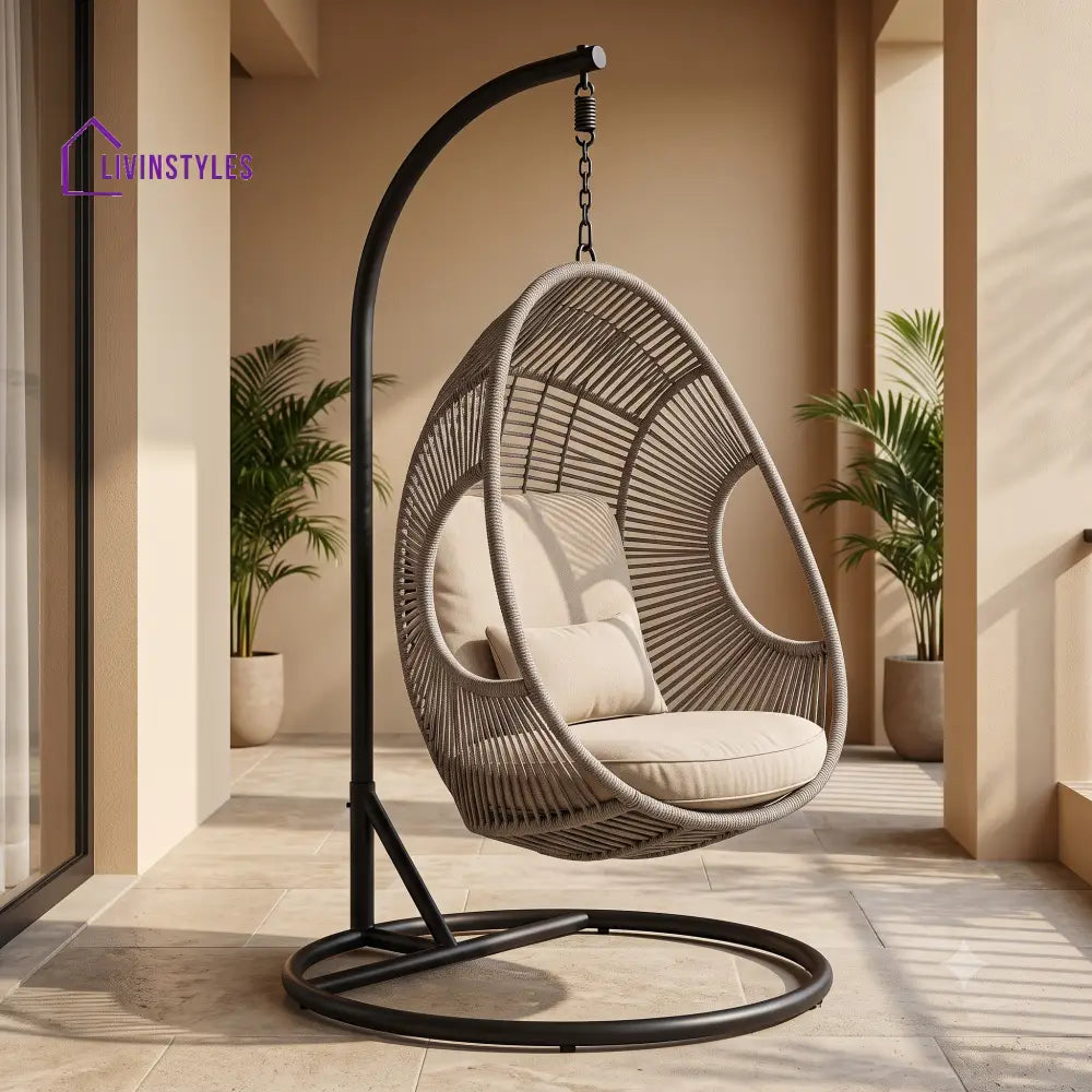 Coralie Metal Frame Swing Chair With Stand And Rope Woven Seat